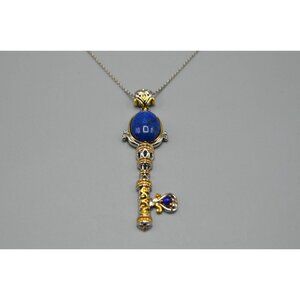 Key Pendant Lapis Lazuli Accents SV 925 NH Stamp Sterling Silver Chain Vermeil